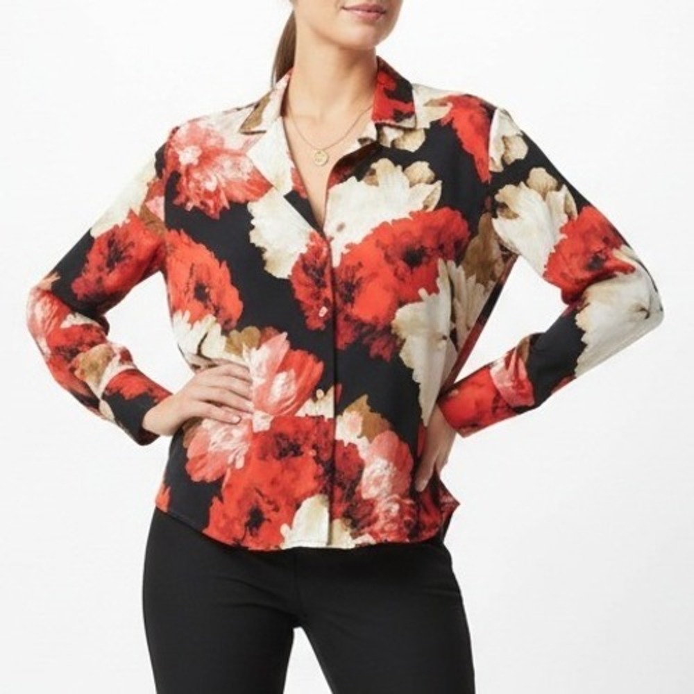 Worthington Women Blouse Floral Red Black Polyester Casual Workwear Top 0X